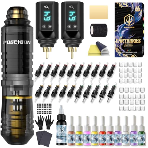 POSEIDON Cordless Tattoo Pen Kit with 2 1500mAh Batteries