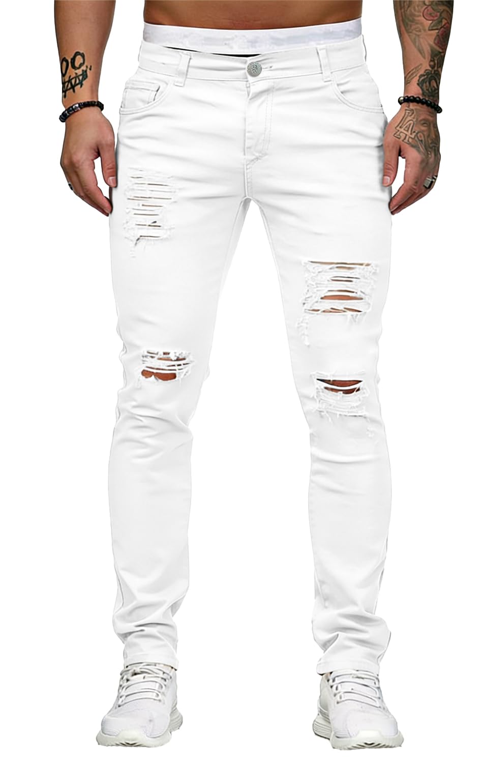 HUNGSON Men's Blue Slim Fit Jeans Stretch Destroyed Ripped Skinny Jeans Side Striped Denim Pants
