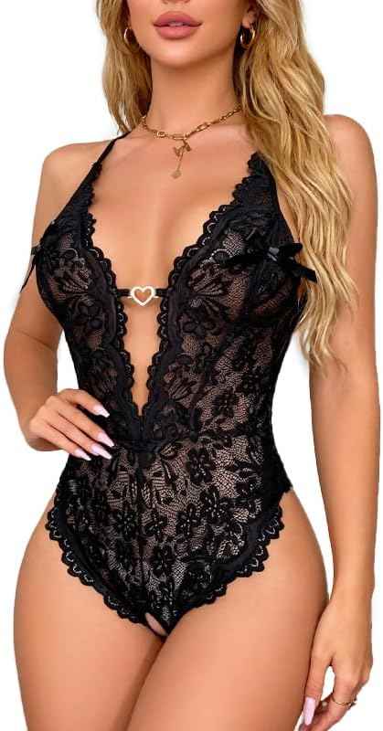 DITSONEO Sexy Lace Bodysuit for Women Deep V Neck One Piece Lingerie, Sheer Mesh Teddy, Backless Bodysuit Sleepwear