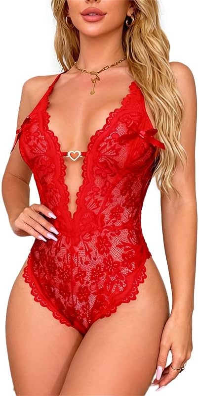 DITSONEO Sexy Lace Bodysuit for Women Deep V Neck One Piece Lingerie, Sheer Mesh Teddy, Backless Bodysuit Sleepwear