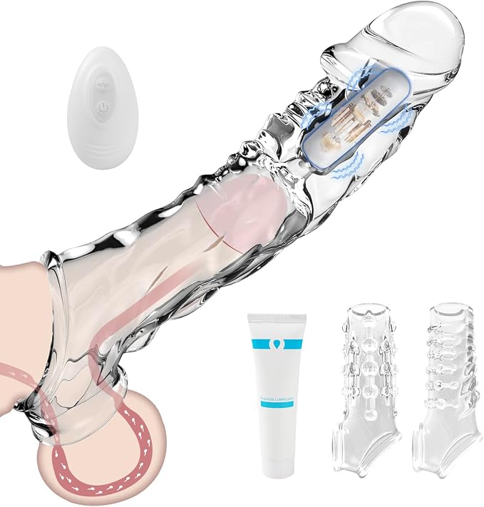 Penis Sleeve Reusable and Cock Sleeve Vibrator Set - 9 inch Multifunctional Cock Sleeve Penis Enlarger, 3 Styles10 Vibration Modes Delay Ejaculation Enhance Erection Penis Extender Sex Toy for Couples
