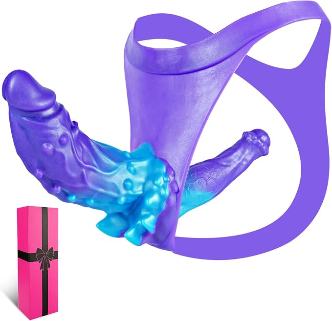 Silicone Strap on Fantasy Monster Dildo Strapless Harness Panties, Wearable Double Ended Sided Solid Animal Dildo Beginner, Colorful Blue Purple Anal G Spot Dildos Strapon Sex Toy for Women Lesbians