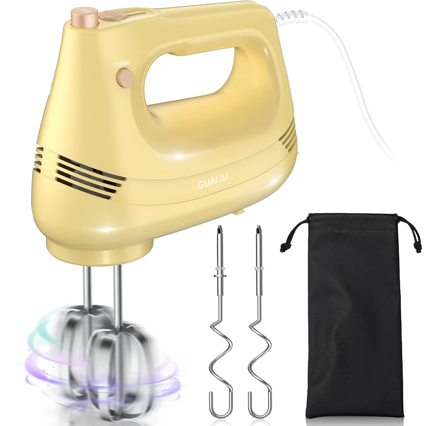 GUALIU Electric Hand Mixer with Stainless Steel Whisk, Dough Hook Attachment and Storage Bag, Handheld Mixer for Baking Cakes, Eggs, Cream Food Mixers. Turbo Boost /5 Speed Kitchen Blender