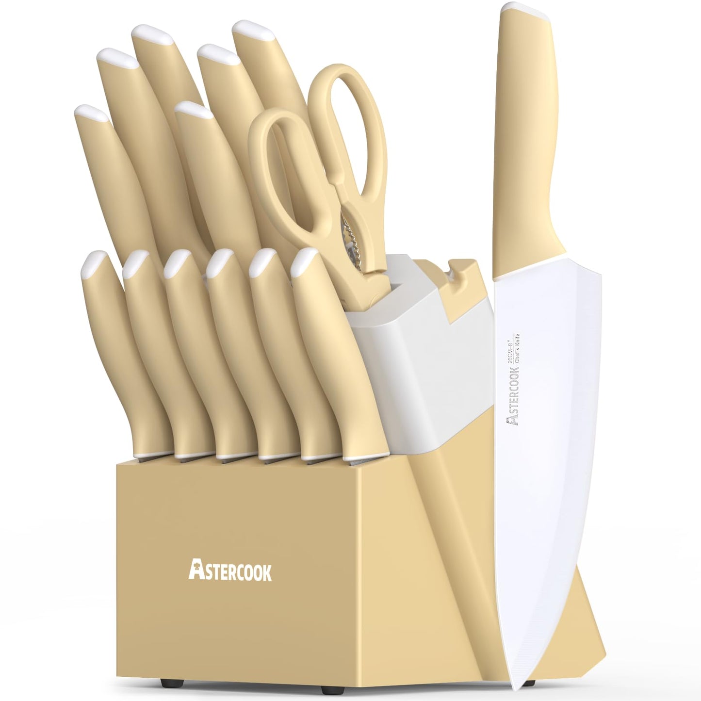 Astercook Knife Set Kitchen with Block and Sharpener 15 Pcs German Stainless Steel Knives Sharp Blade Dishwasher Safe Kitchen Utensils Set Deba Knives with Anti-slip Ergonomic Handle