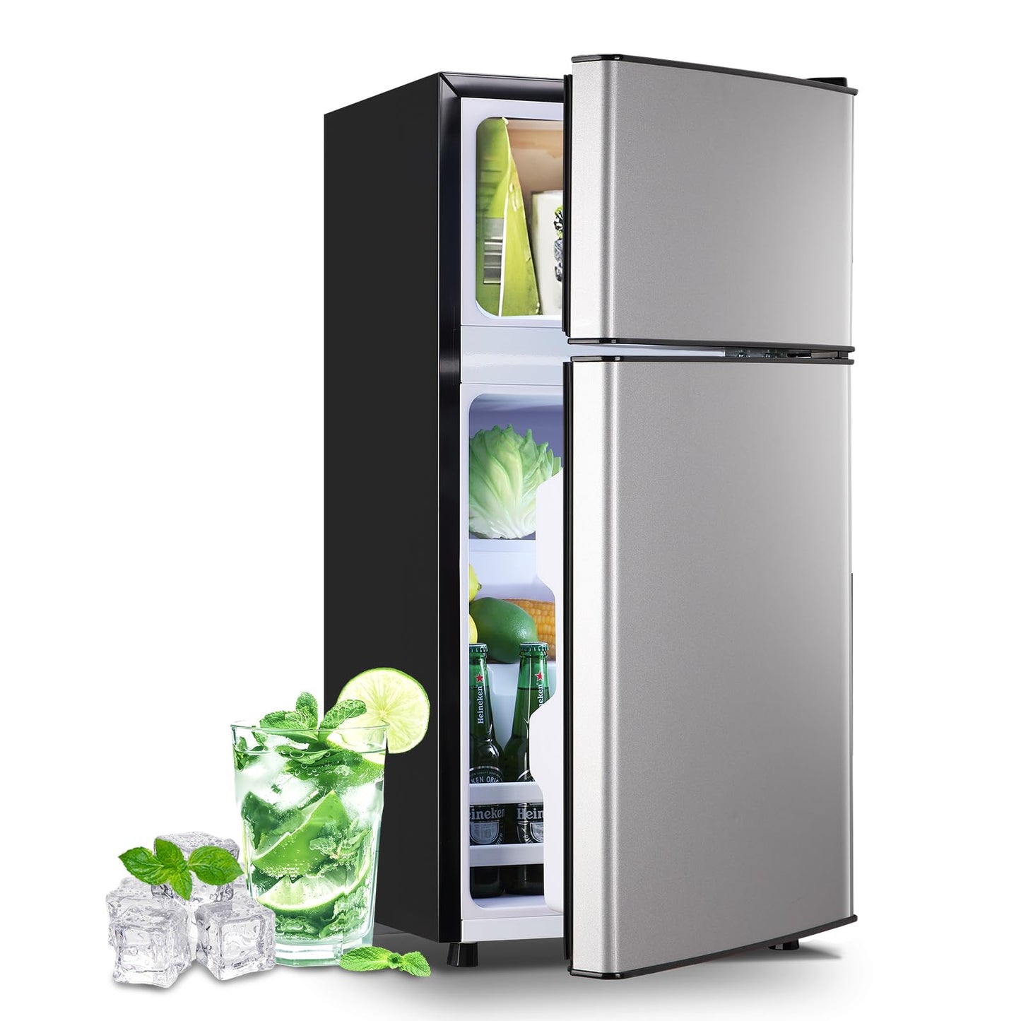 DEMULLER Refrigerator with Freezer Double Door Fridge Removable Plastic Shelves Black Silver