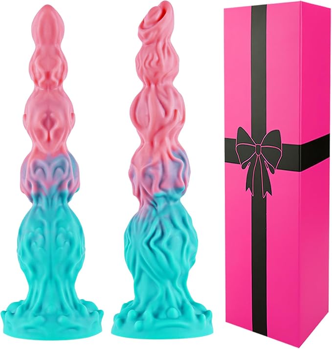 8 Inch Fantasy Monster 5 Knots Small Dildo with Suction Cup, 7 Inch Soft Silicone Slim Thin Anal Dog Knot Dildo Pink Green Wolf Penis, Dragon Horse Alien G-Spot Dildos Sex Toys for Women Men Beginner