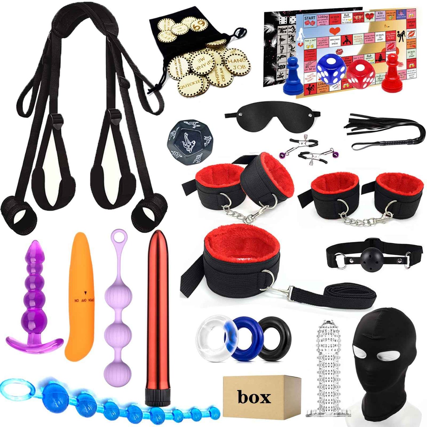 BDSM kit Sex Toys Bondage Restraints Set, Anal Butt Plug Games Card Toys and Sex Straps Neck to Wrist Thigh Sex Sling & Ankle Kits with Adjustable, Sex Things for Couples Kinky and Couple