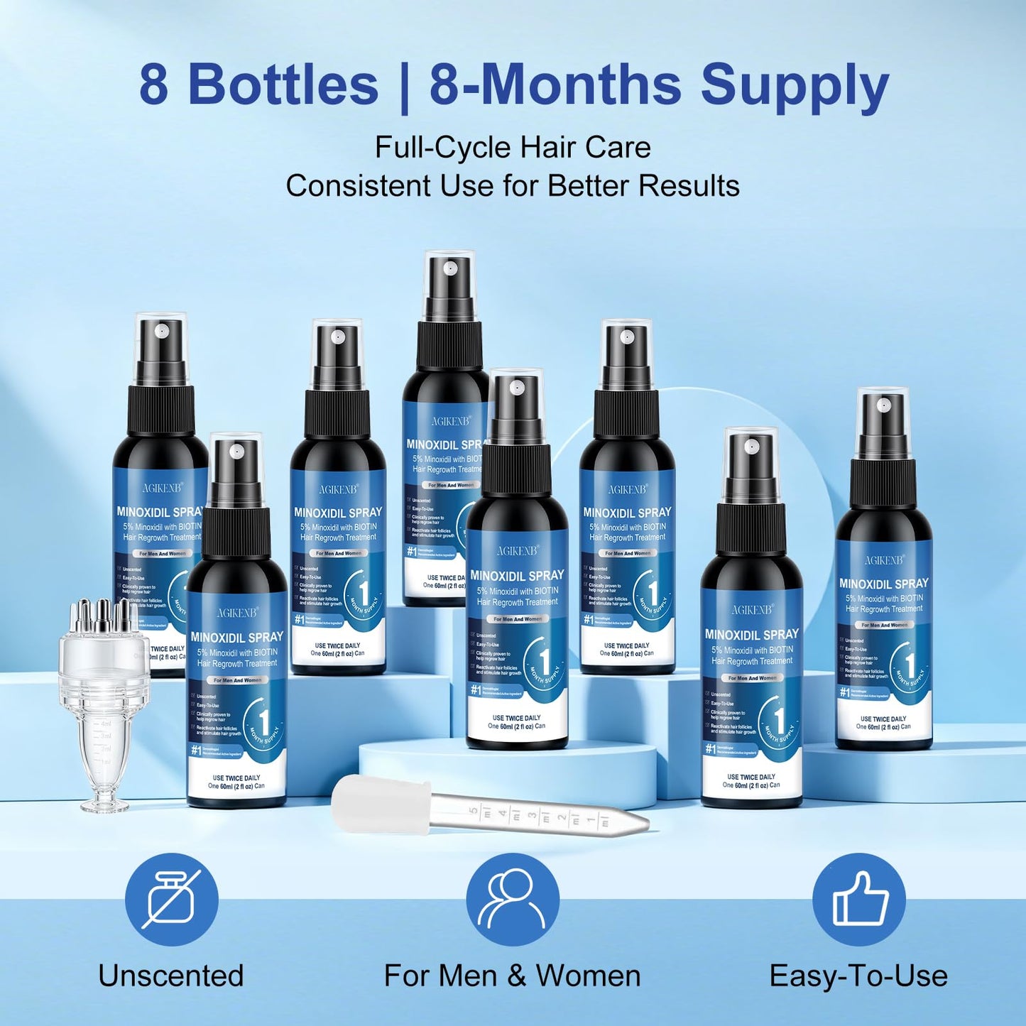 8 Pack 5% Minoxidil Spray for Men & Women – Biotin Infused Hair & Beard Regrowth, Extra Strength to Stop Hair Loss & Thinning, Promotes Thicker, Fuller Hair – 8 Month Supply