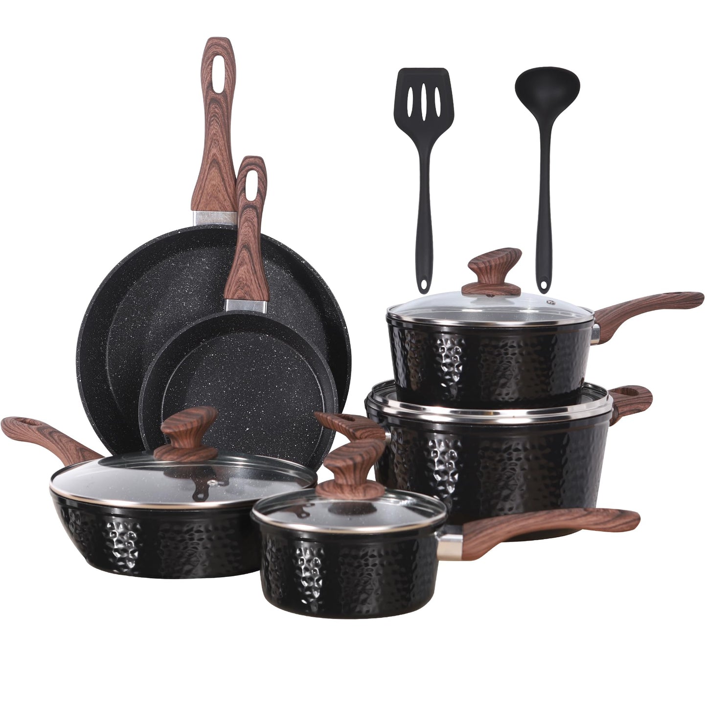 Induction Kitchen Cookware Sets - 12 Piece Cooking Pan Nonstick Set, Granite Black Pots and Pans Set
