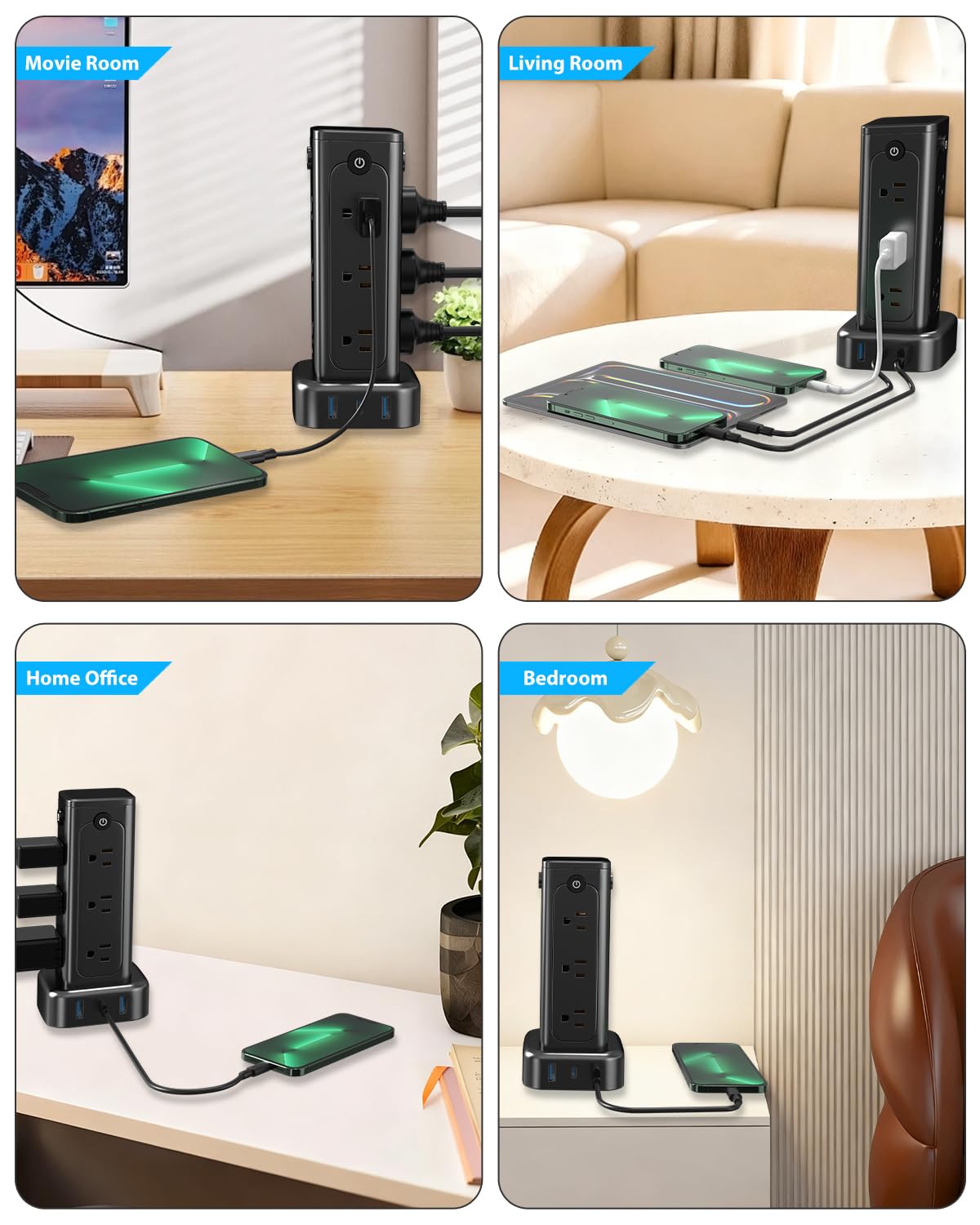 BEVEWLPOL 1250Watt Household Charging Station Vertical Power Strip 4-Sided with 12 AC Outlets&3 USB Ports,Independent Switch, 2M Long Cable, Space-Saving for Home, Office (Black)