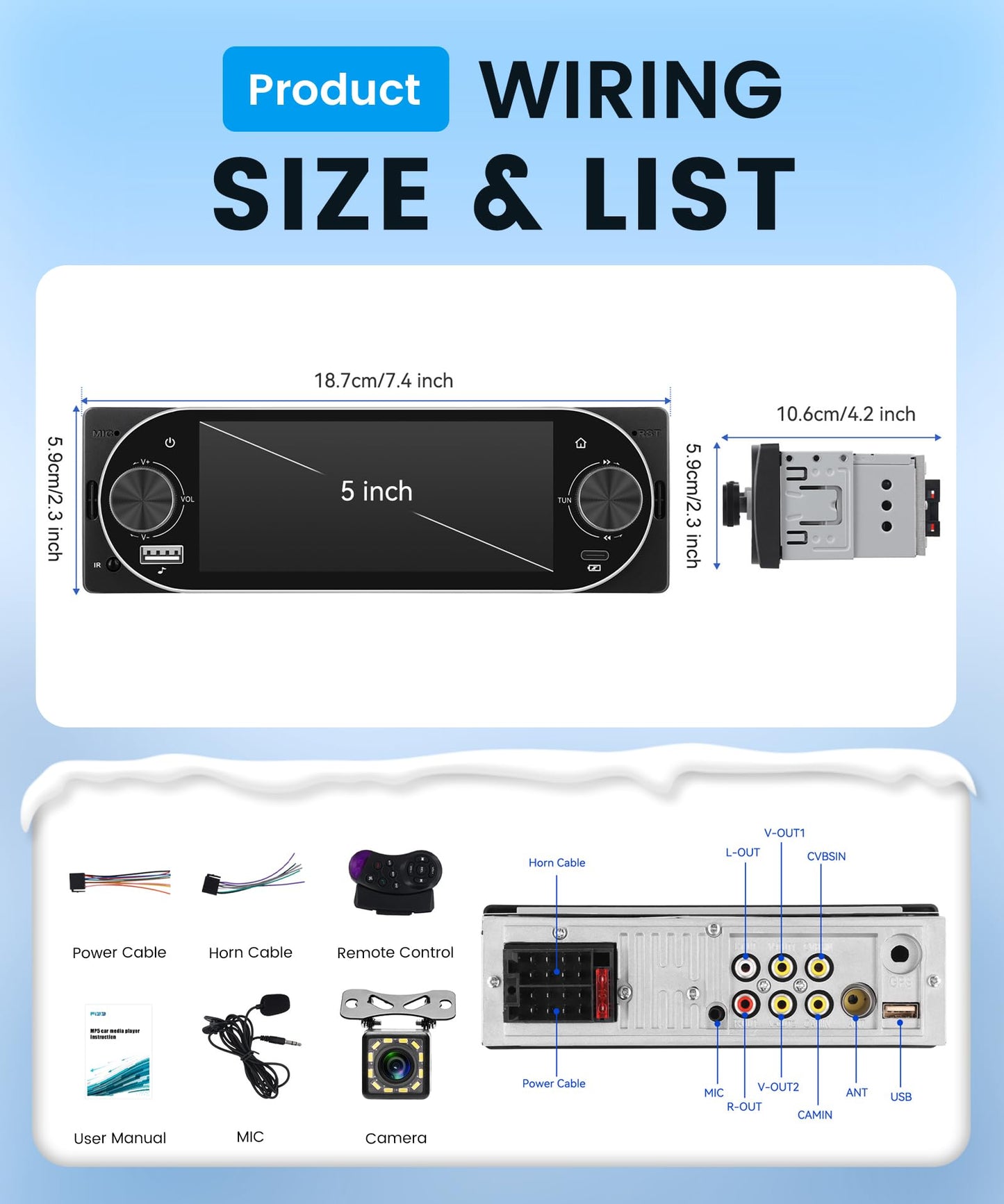 Rimoody Single Din Car Stereo with Wireless CarPlay & Android Auto, 5.1 Inch Touch Screen Car Radio with Bluetooth 5.2, FM/RDS, EQ, SWC/MIC, USB/Type-C, Backup Camera Car Audio Receiver