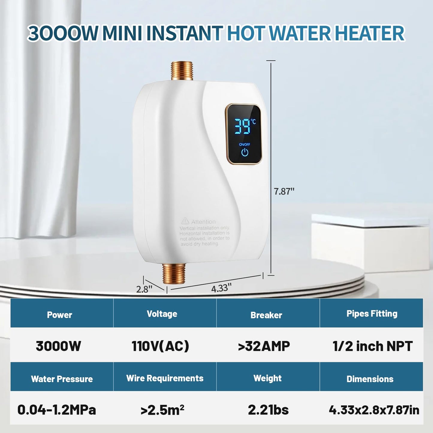 Tankless Water Heater Electric, 3000W Tankless Electric Water Heater 110V, On Demand Hot Water Heater Electric with Digital Display, Electric Tankless Hot Water Heater for Kitchen Bathroom Washin
