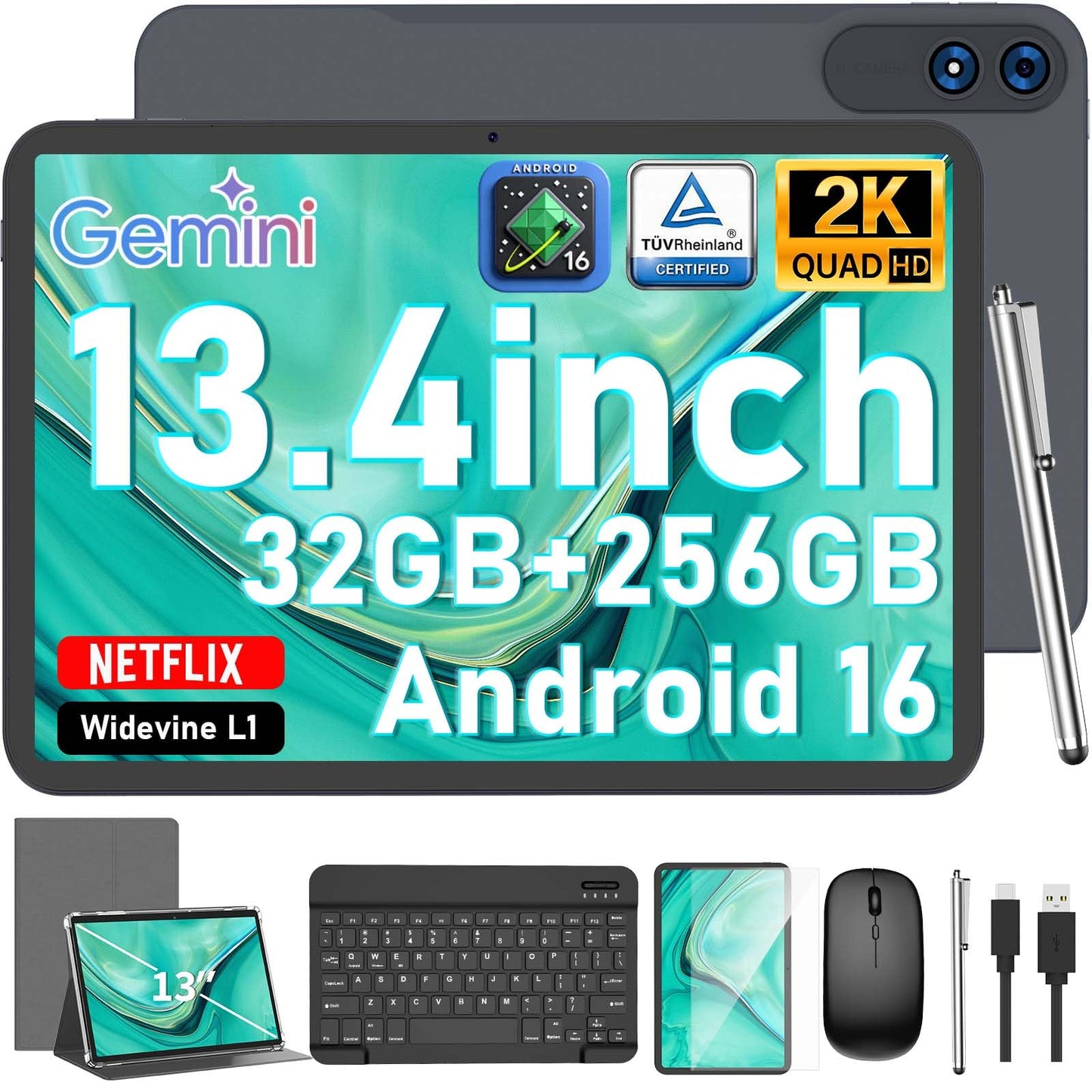 JJGJ 13 Inch Tablet, Android 16 Tablet with Keyboard, 32GB+256GB+2TB Expand, 120Hz 1920x1200 IPS Display, Gemini AI, 10000mAh, 8-Core, Wi-Fi, GPS, Large Screen 2K Tablet PC with Case, Mouse, Stylus