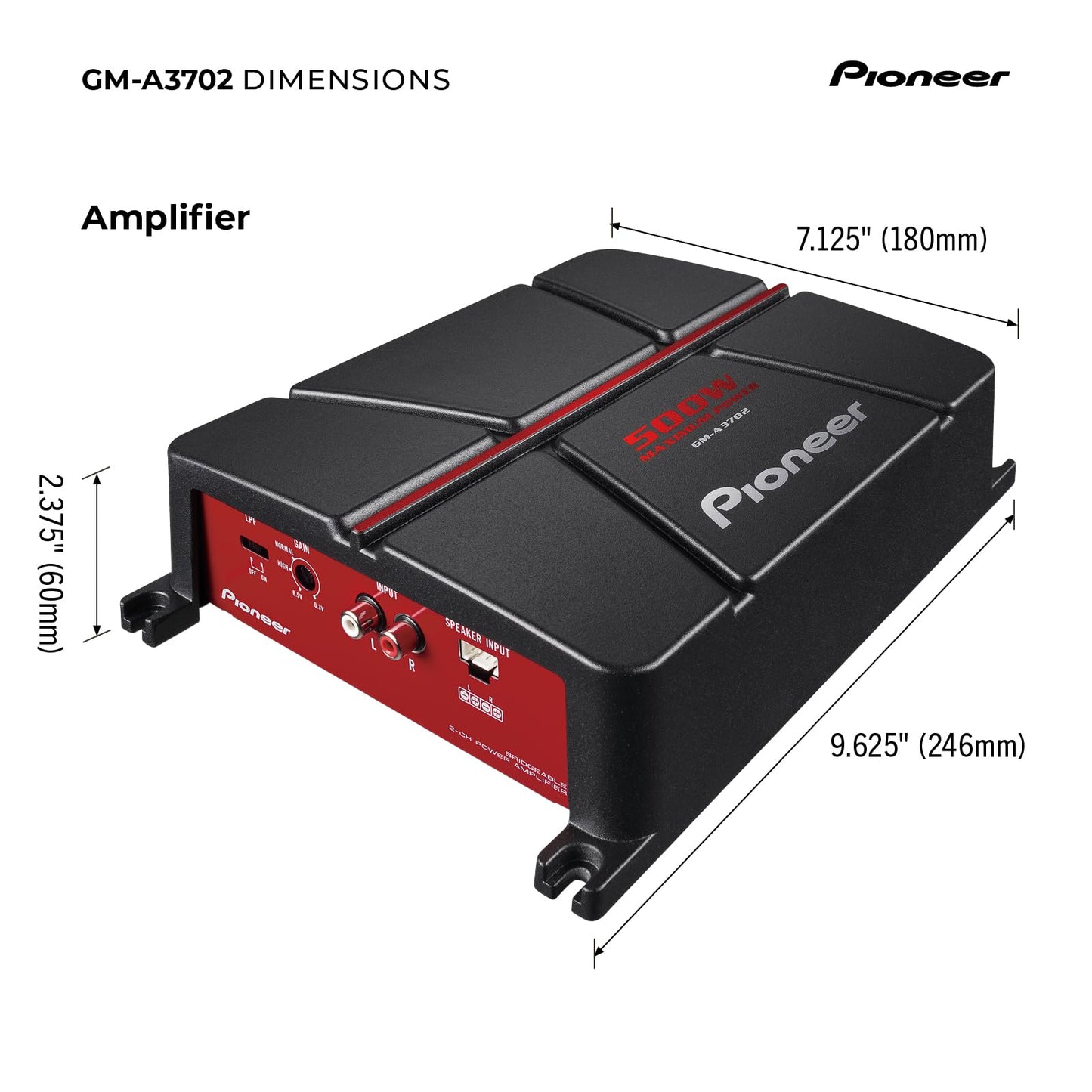 Pioneer GM-A3702 2-Channel Car Amplifier – 500W Max, Class AB, Bridgeable Design, Automatic Signal Sensing and Turn-on, Built-in high-/Low-Pass Filter