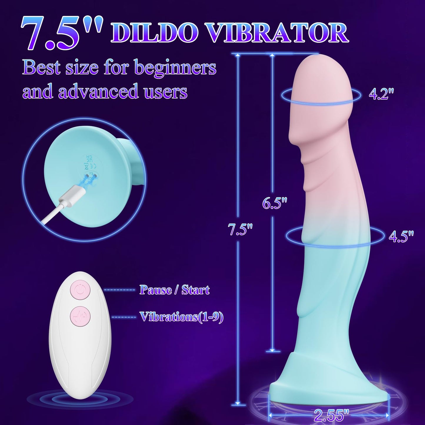 Women Sex Toys Dildo Vibrator -7.5” Silicone Realistic Dildos with Suction Cup for Women Vagina Anal Sex, 9 Vibration, Macaron Gradient Slim Dildo Lifelike Penis Vibrator Adult Toys & Games