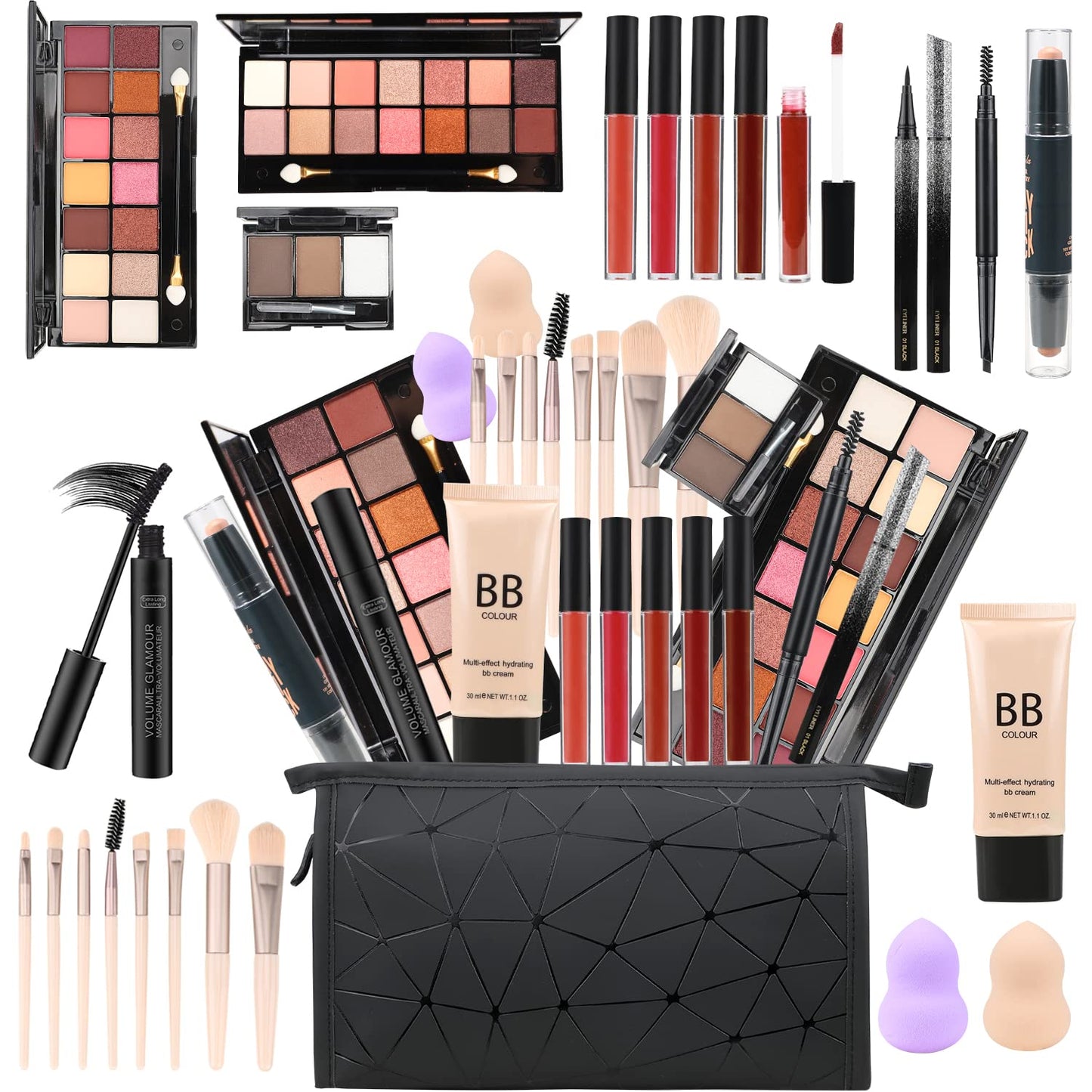 All in One Makeup Kit Full Kit Multipurpose Essential with Eyeshadow Palette,Lip Gloss,Foundation,Mascara,Eyebrow Pencil,Eyeliner,Contour Stick,Powder Puff,Makeup Brushes,Cosmetic Bag,Makeup Set for Women