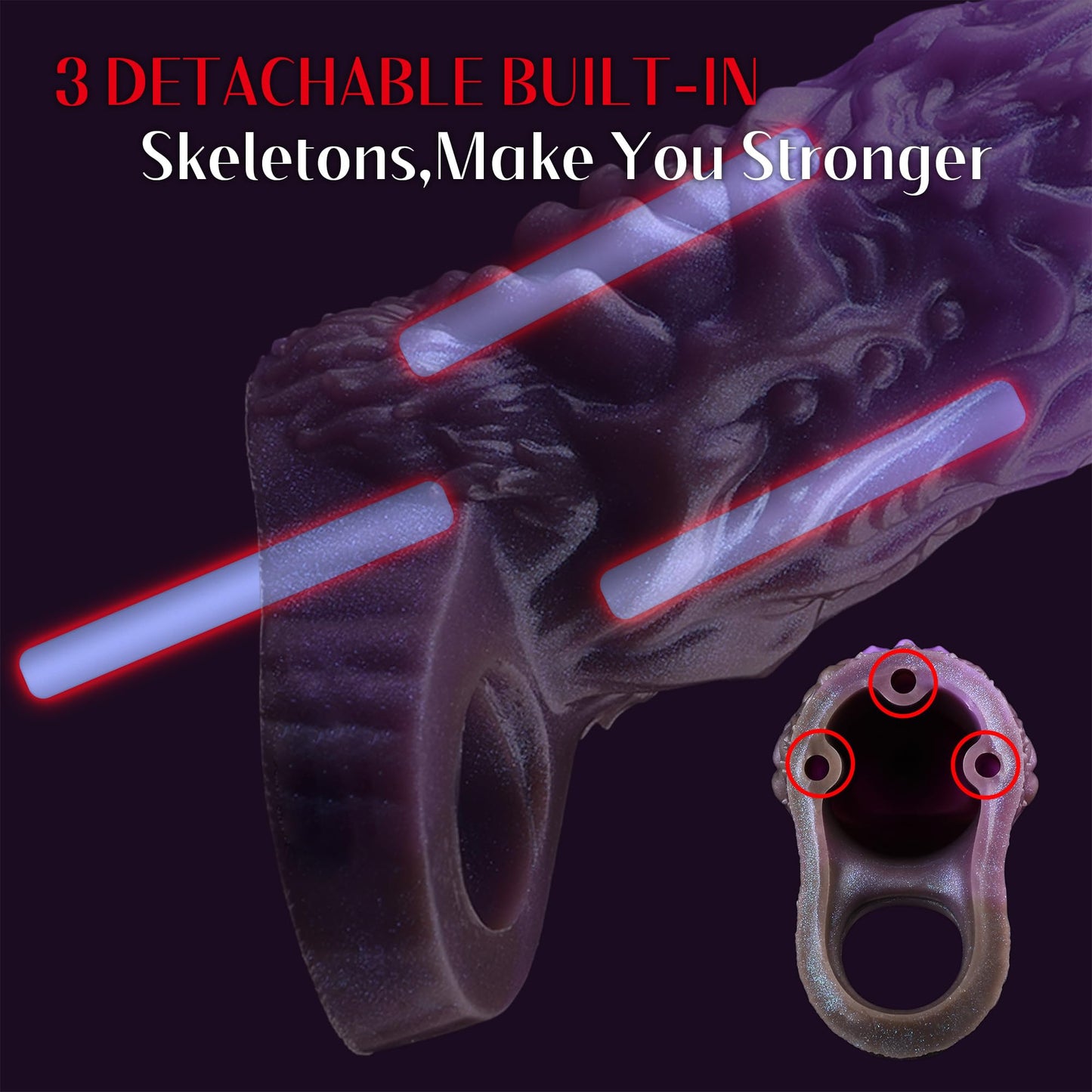 Girth Enhancer Sleeve, Monster Penis Sleeve with Cock Ring & 3 Built-in Resin Rod, Purple Silicone Pennis Extender Enlarger, Impotence Delay Ejaculation Dick Extension Sex Toys for Men Couples