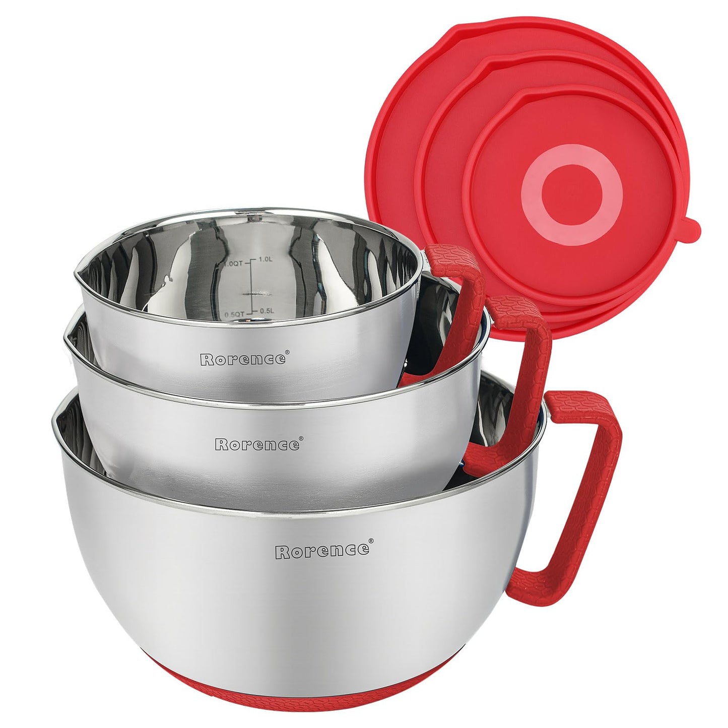 Rorence Stainless Steel Non-Slip Mixing Bowls With Pour Spout, Handle and Lid, Set of 3
