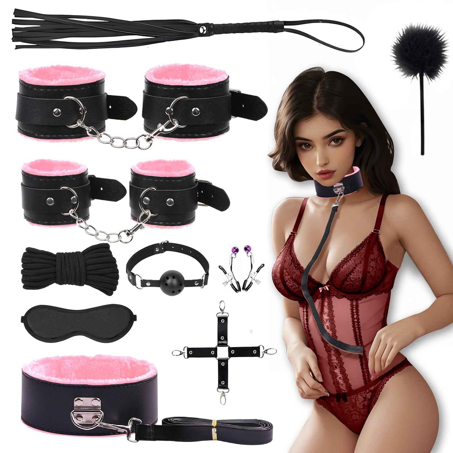 15 PCS Sex Bondage BDSM Kits Restraints, Fetish Handcuffs Ankle Cuff Collar Blindfold Whip Rope Nipple Clamps Paddle Anal Toys Ball Gag Adult Games Foreplay Toys for Couples