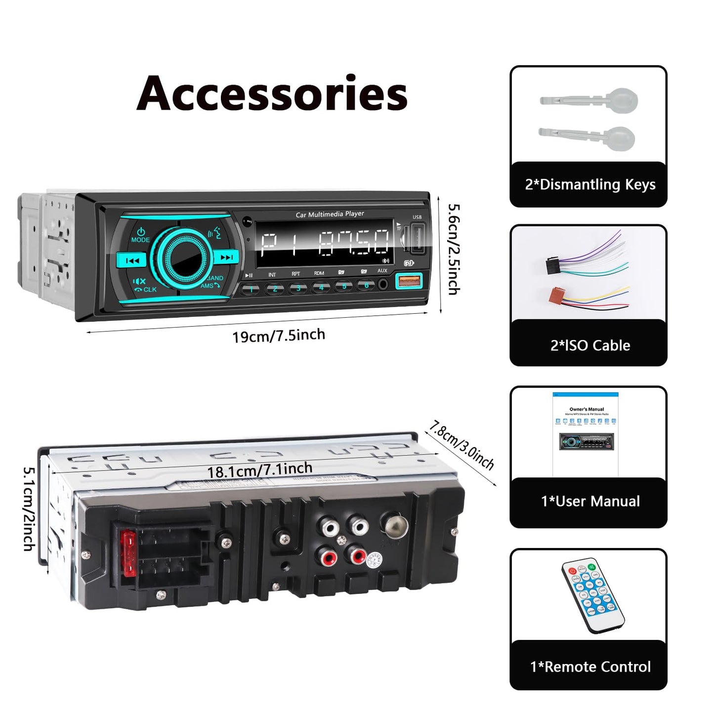 Marine Radio Single DIN Bluetooth Car Stereo System, Boat Radio Receiver Head Unit with Built-in Mic, Digital LCD, FM, EQ, MP3, RCA, USB, TF Card & Remote Control for Audio Upgrade