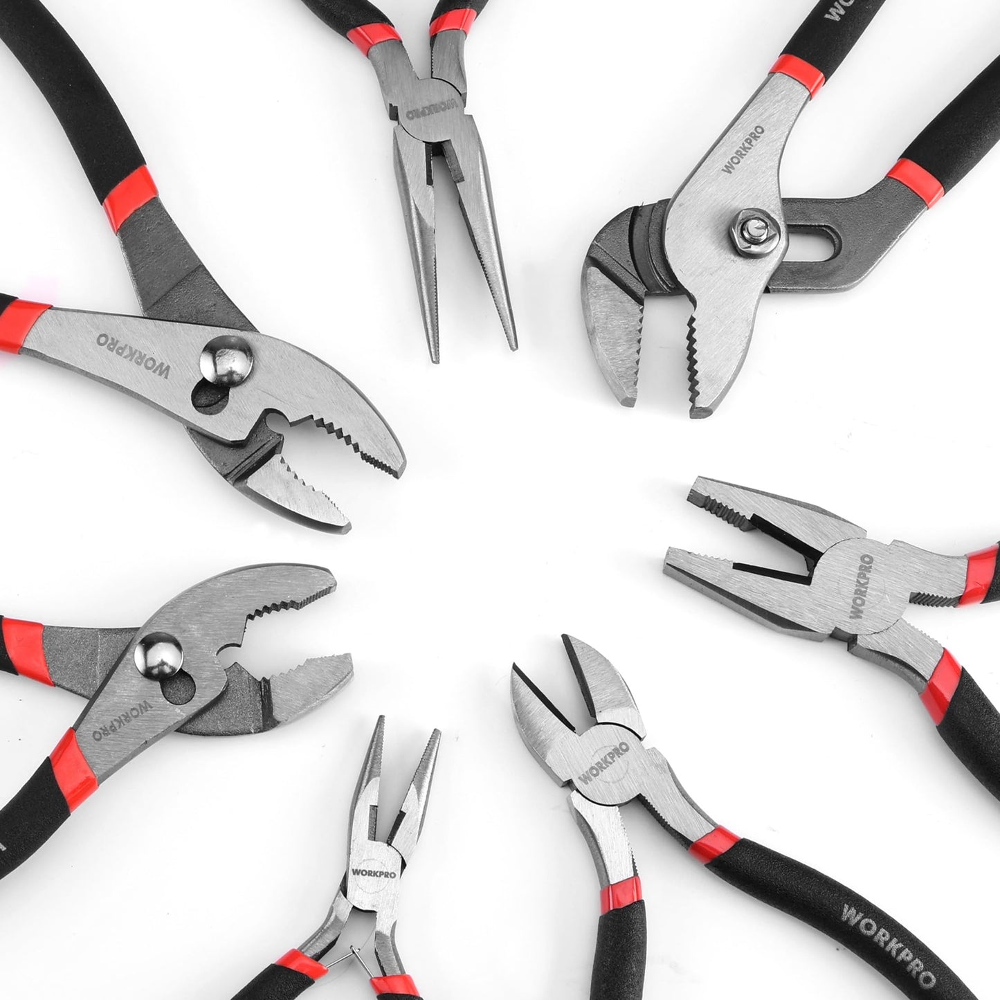 7-piece WORKPRO Pliers Set with Groove Joint, Long Nose, Slip Joint, Linesman, and Diagonal Pliers for DIY & Home Use