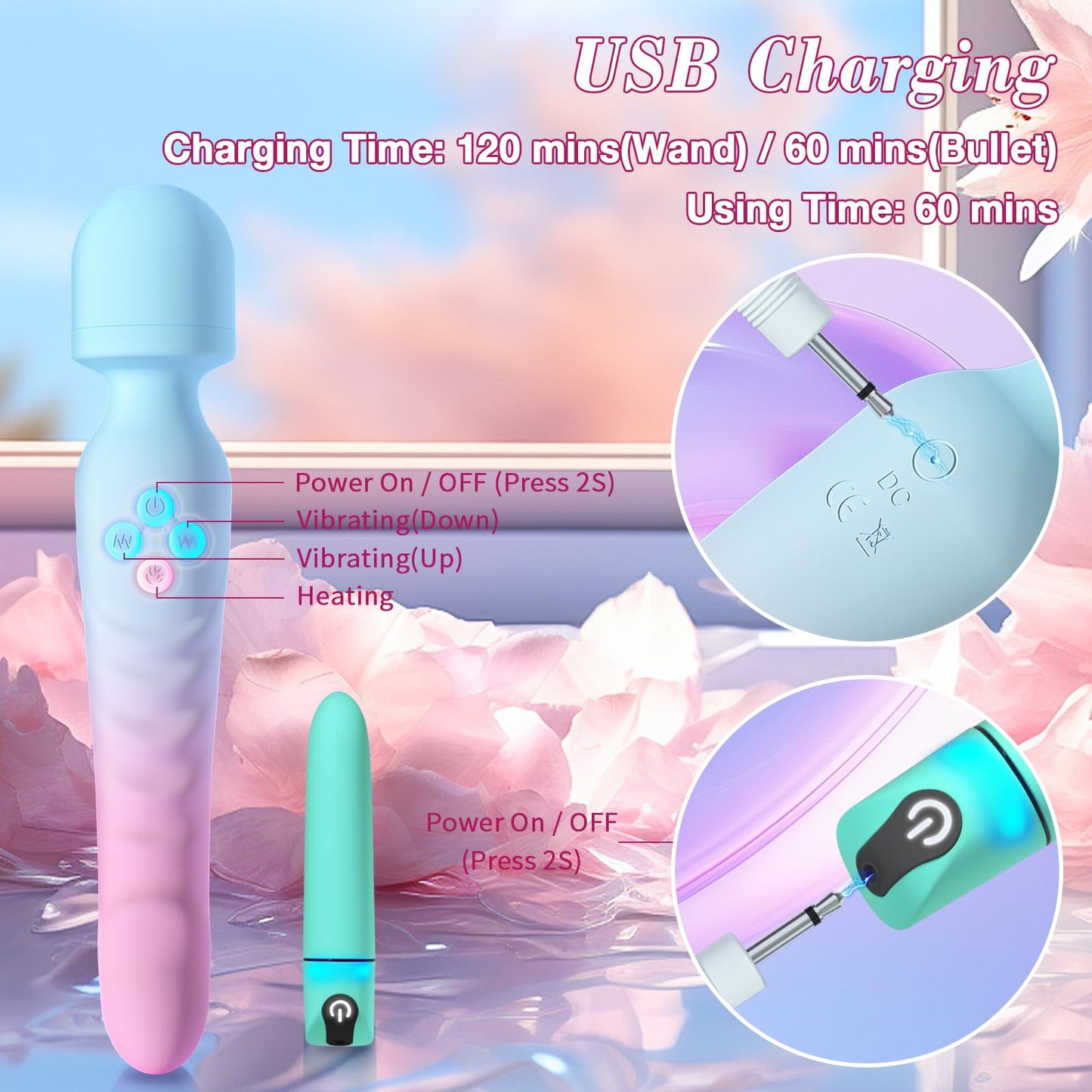 G Spot Vibrator Wand & Bullet Vibrator Set - Vibrators Sex Toys for Women, Clitoral Stimulator Dildo with 7 Vibrating Modes, Waterproof Heating Wand Massager, Adult Sex Toy for Female and Couples