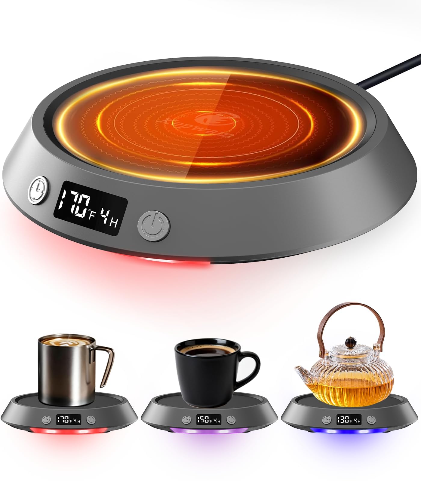 Kepwam Coffee Mug Warmer - 50W Electric Coffee Warmer for Desk 3 Temp Settings & 2-9 Timer Smart Cup Warmer for Desk Candle Warmer Plate with LED Lights Beverage Tea Milk Warmer for Home & Office