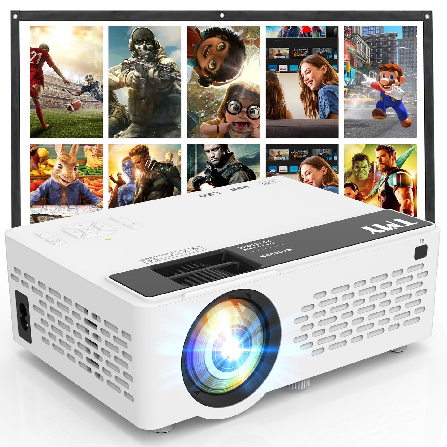 TMY 1080P Full HD Portable Mini Projector, Bluetooth Movie Projector, Compatible with TV Stick/Smartphone/PC/Game Console/HDMI/USB, Indoor & Outdoor Use