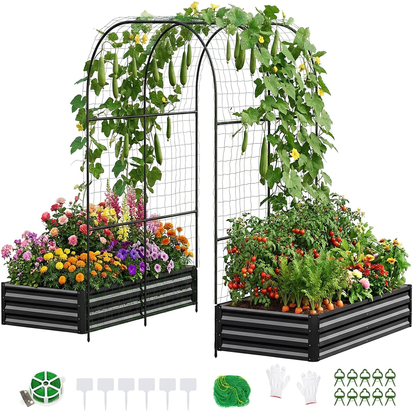 DoCred Raised Garden Bed with 87in Tall Arch Trellis for Climbing Plants, Galvanized Planter Garden Box Outdoor for Gardening, Climbing Vegetables, Flower