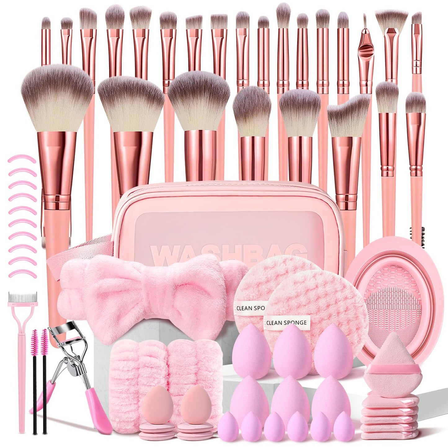 25Pcs Makeup Brush Set Includes Makeup Brushes, Washbag, Triangle Puffs, Finger Puffs, Cleaning Sponge, Makeup Sponges, Cleaning Tool, other Eye Makeup Tools