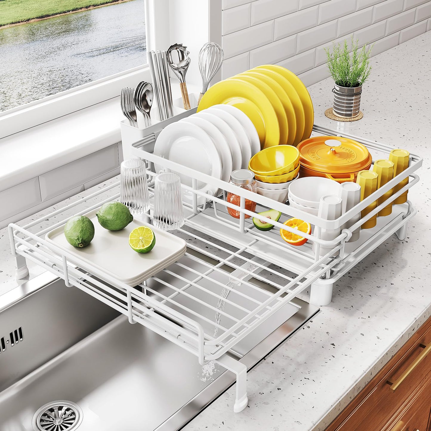 Dish Drying Rack - Extendable Dish Rack, Large Sink Drying Dish Drainer for Kitchen Counter, Stainless Steel Dish Strainer with Utensil Holder