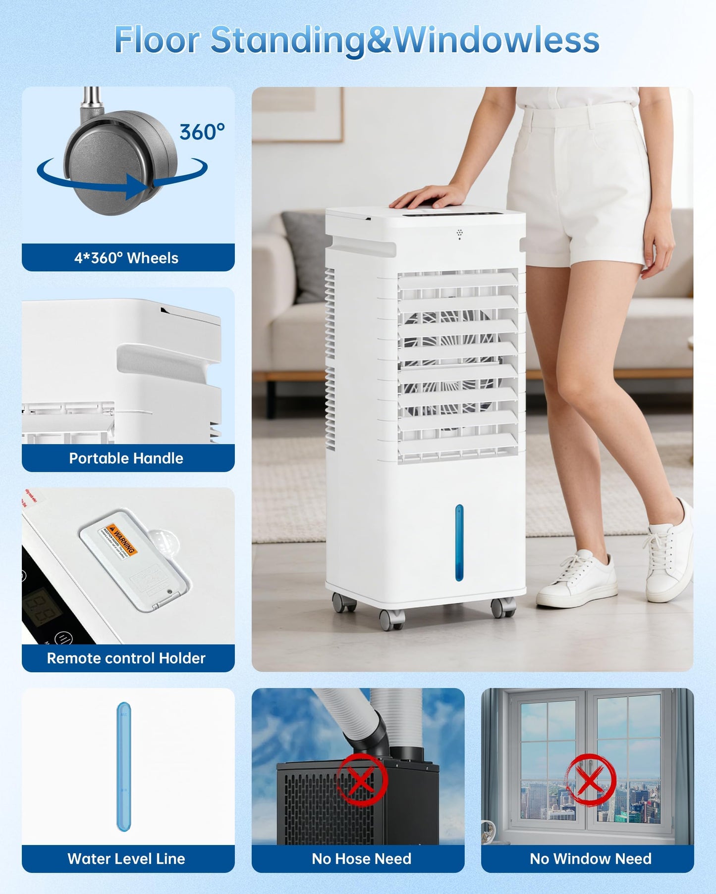 Portable Air Conditioners, Swamp Cooler Portable AC Unit for Room, Windowless Cooling Fan That Blow Cold Air w/Remote 5L Tank 12 Speeds 9H Timer, Evaporative Air Cooler for Bedroom Garage