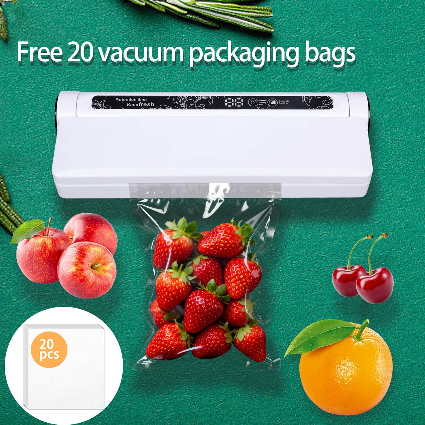 Food Vacuum Sealer Machine,Dry/Wet Modes,75KPA Strong Suction,Compact Household Vacuum Sealer,Digital Countdown Timer,Includes 20 Vacume Sealed Bags,for Home Kitchen Use,Restaurant Food Storage