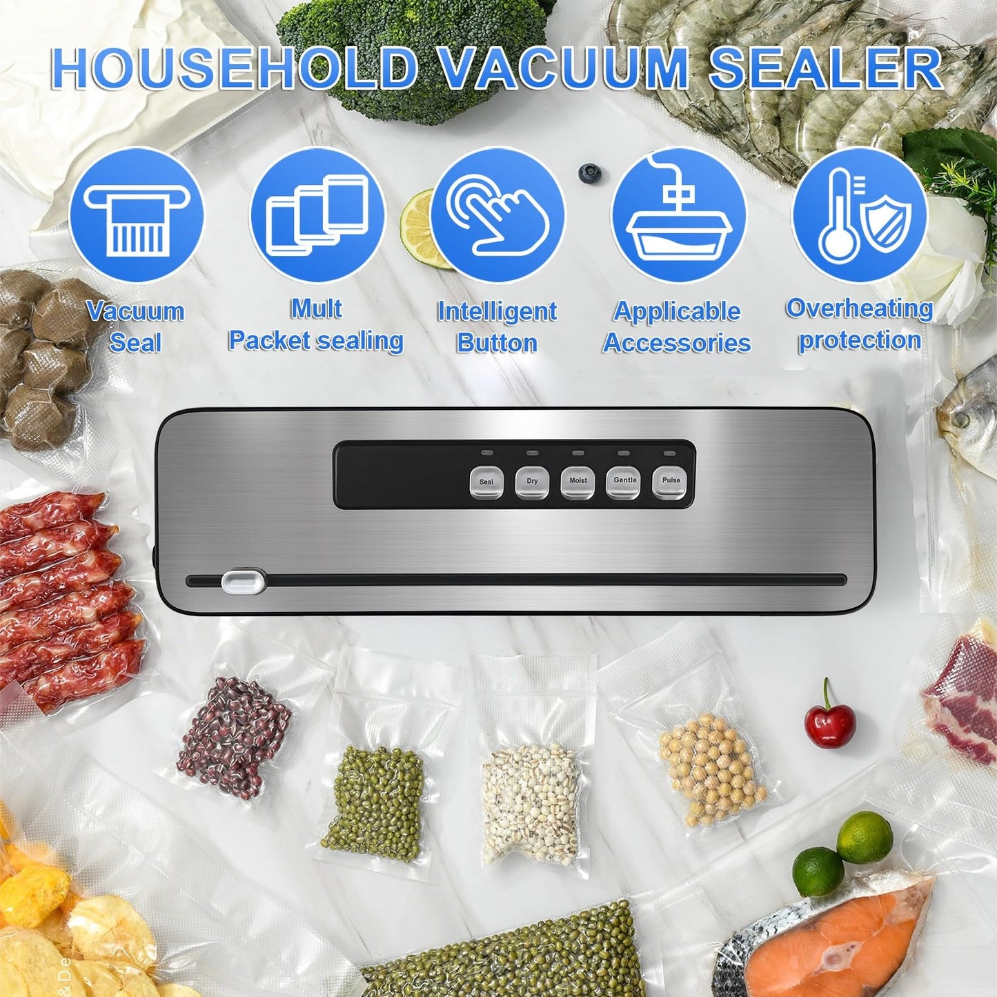 High-power Automatic Food Vacuum Sealer,household vacuum sealer,food sealer,Digital Timer, Compact Design,with 10 Bags