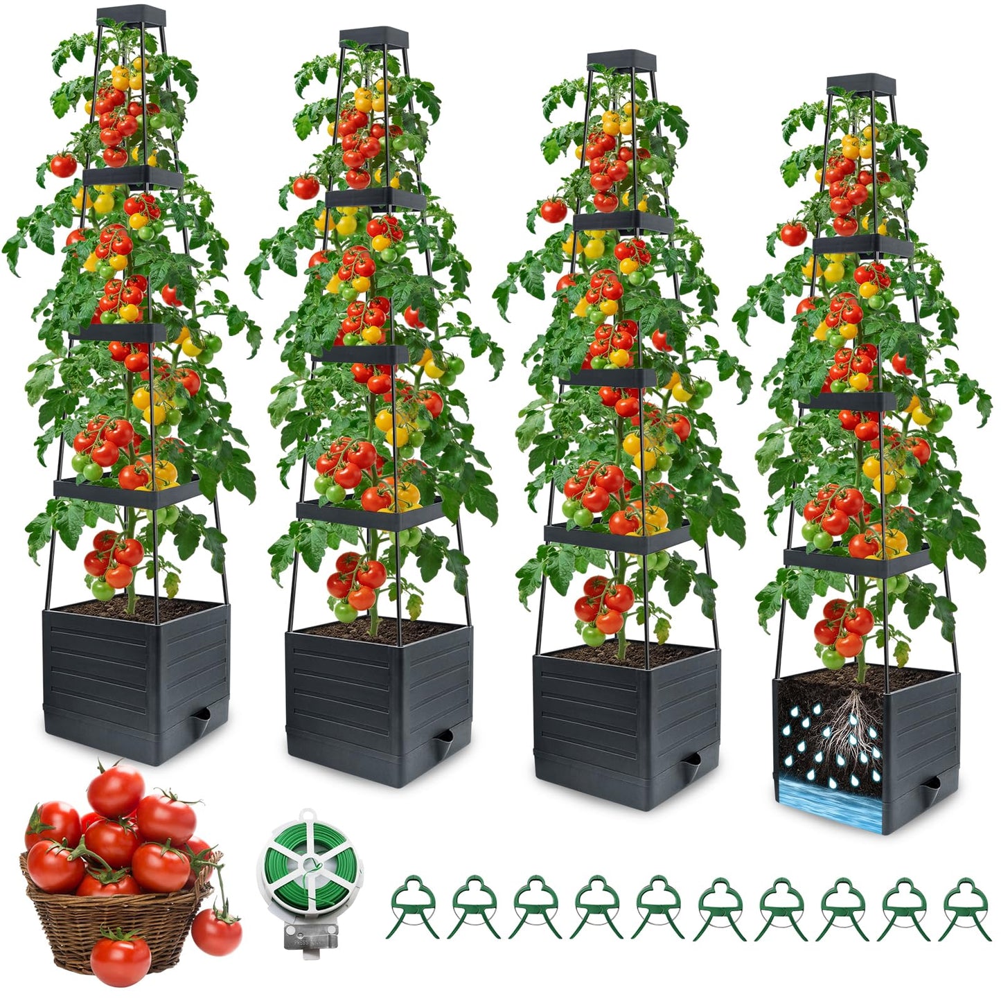 MQFORU Tomato Planter Boxes with Trellis, 57" Self-Watering Tomato Planter for Climbing Vegetable and Plants