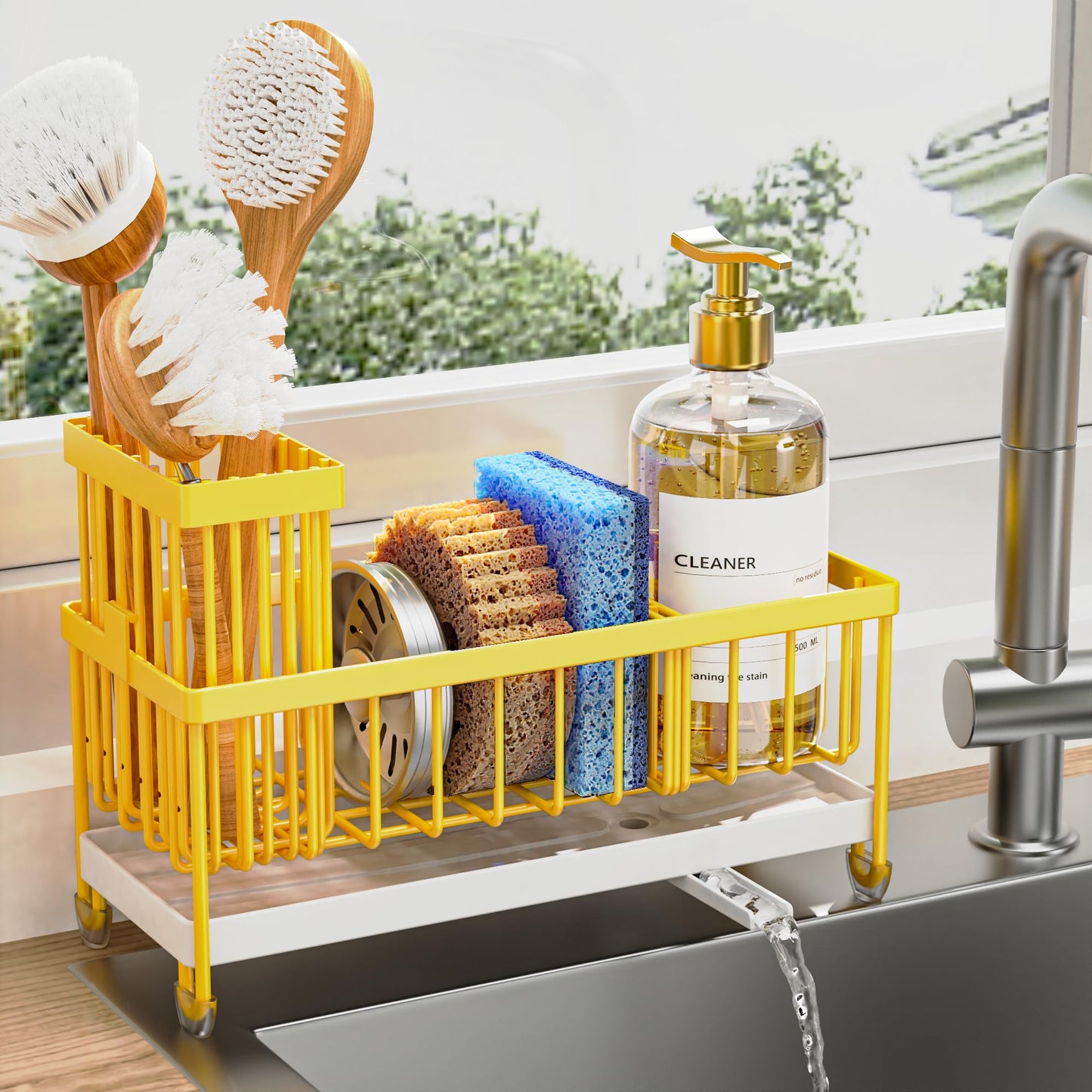 Cisily Sponge Holder for Kitchen Sink, Sink Caddy Organizer with High Brush Holder, Kitchen Countertop Organizers and Storage Essentials, Rustproof 304 Stainless Steel