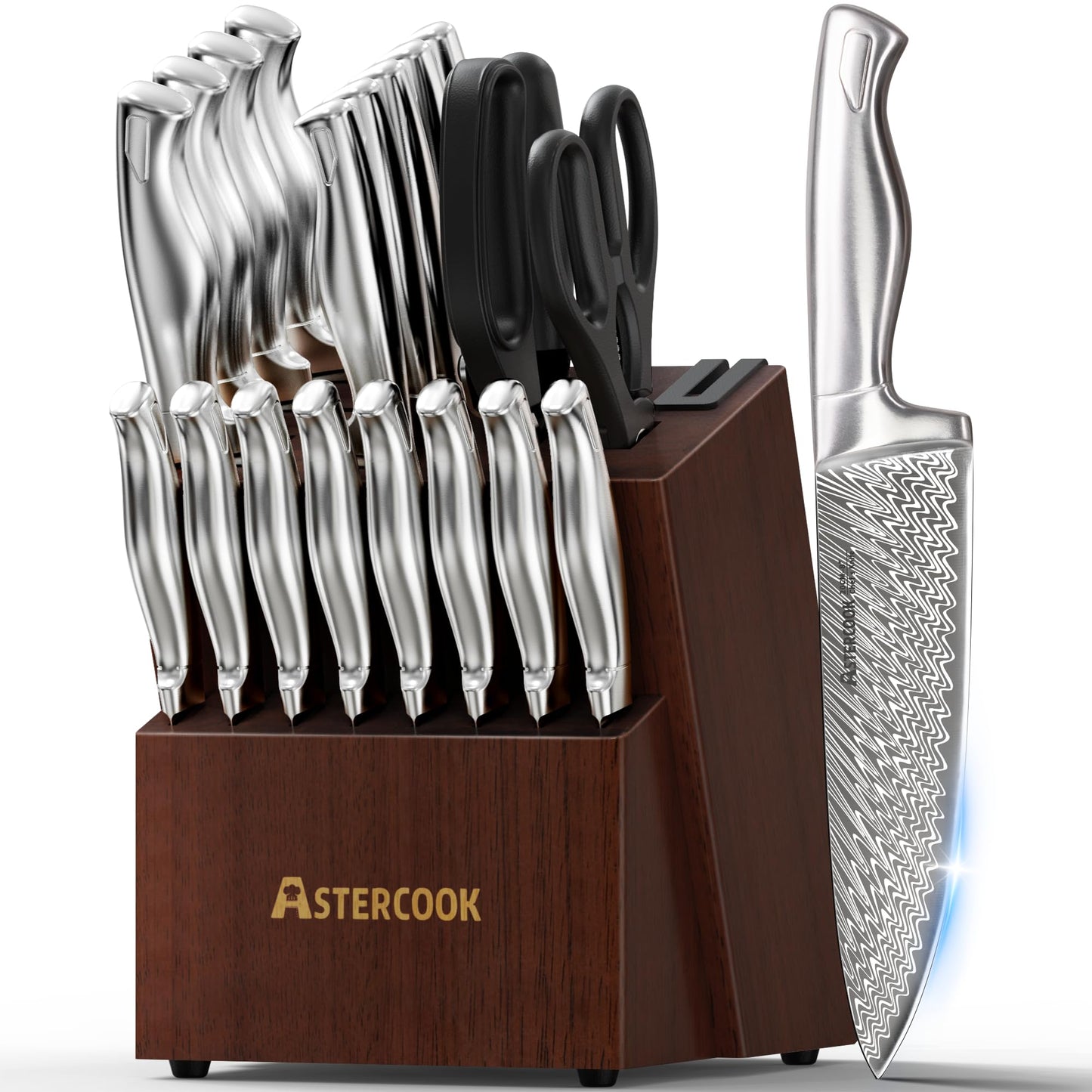 Astercook Knife Set, Kitchen Knife Set with Block, Built-in Knife Sharpener, German Stainless Steel Knife Block Set