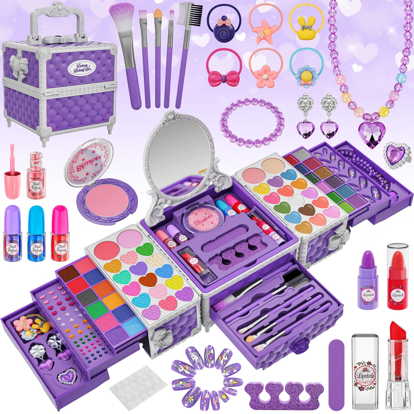 99 Pcs Kids Makeup Kit for Girls, Princess Toys Real Washable Cosmetics Set with Mirror
