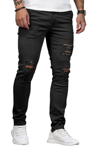 HUNGSON Men's Blue Slim Fit Jeans Stretch Destroyed Ripped Skinny Jeans Side Striped Denim Pants