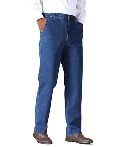 Soojun Mens Elastic Waist Jeans Relaxed Fit with Zipper and Button
