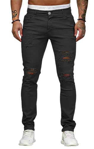 HUNGSON Men's Blue Slim Fit Jeans Stretch Destroyed Ripped Skinny Jeans Side Striped Denim Pants