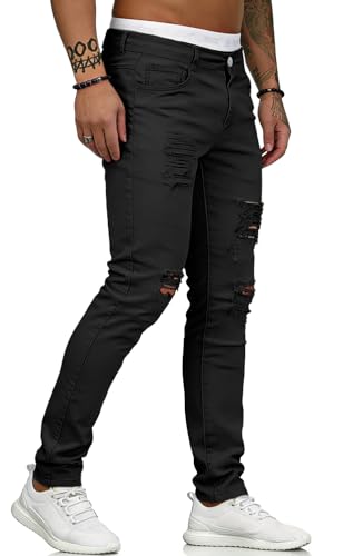 HUNGSON Men's Blue Slim Fit Jeans Stretch Destroyed Ripped Skinny Jeans Side Striped Denim Pants
