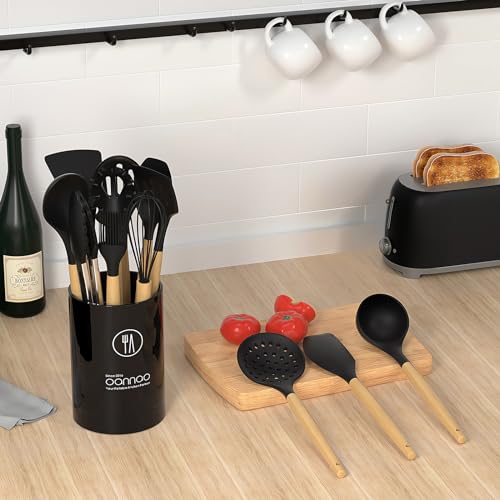 14 Pcs Silicone Cooking Utensils Kitchen Utensil Set - 446°F Heat Resistant,Turner Tongs, Spatula, Spoon, Brush, Whisk, Wooden Handle Gray Kitchen Gadgets with Holder for Nonstick Cookware (BPA Free)