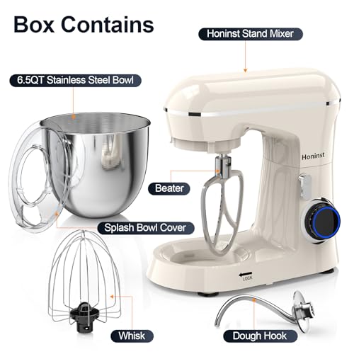 Honinst Stand Mixer, 6.5QT 10-Speed Tilt-Head Electric Stand Mixer, 3-In-1 Kitchen Mixer with Bowl, Dough Hook, Whisk and Beater, Food Mixer for Baking, Cake and Most Home Cooks,