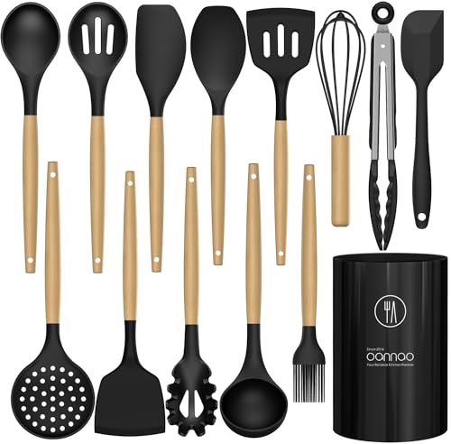14 Pcs Silicone Cooking Utensils Kitchen Utensil Set - 446°F Heat Resistant,Turner Tongs, Spatula, Spoon, Brush, Whisk, Wooden Handle Gray Kitchen Gadgets with Holder for Nonstick Cookware (BPA Free)