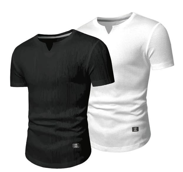 JMIERR Mens Muscle Slim T Shirts Texture V Neck Longline Henley Gym Workout Athletic Tee Shirt