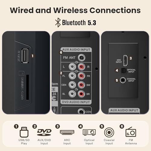 Bobtot Home Theater Surround Sound System for TV - 6.5inch Subwoofer 800W Peak Deep Bass 5.1 Wired Satellite Speakers Audio Stereo Systems Support ARC Optical Bluetooth Aux Input