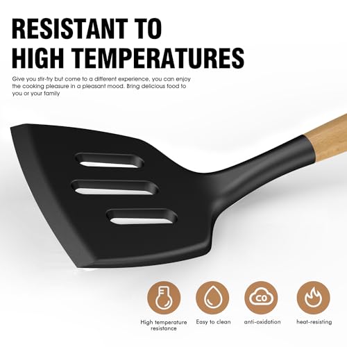14 Pcs Silicone Cooking Utensils Kitchen Utensil Set - 446°F Heat Resistant,Turner Tongs, Spatula, Spoon, Brush, Whisk, Wooden Handle Gray Kitchen Gadgets with Holder for Nonstick Cookware (BPA Free)