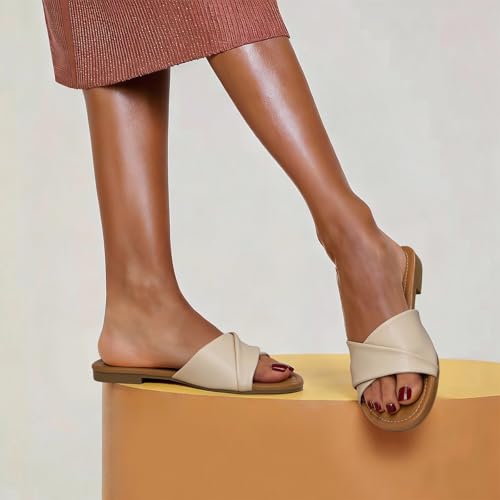 ATHMILE Sandals for Women 2026 Dressy Summer Flat Comfortable Fashion Beach Cute Ladies Slides Leather Casual Dress Women's Sandals Size 6-11