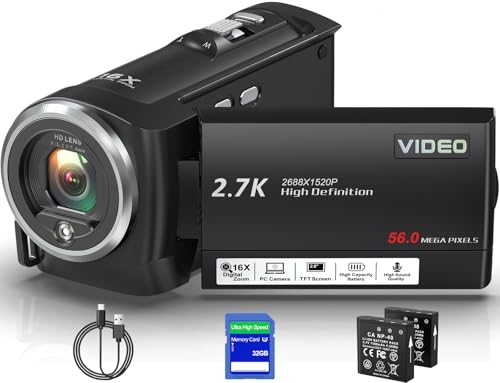 Fxmug Video Camera Camcorder, QHD 2.7K 56MP 16X Digital Vlogging Camera with LED Fill Light for YouTube, 2.8'' 270° Rotation Screen Camcorder Camera with 32GB Card and Two Batteries